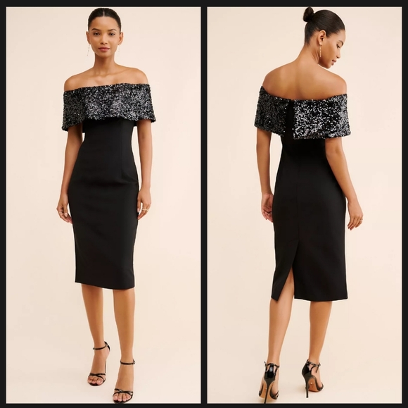Sachin + Babi Black Crepe Off The Shoulder Midi Naira Dress - Picture 1 of 8
